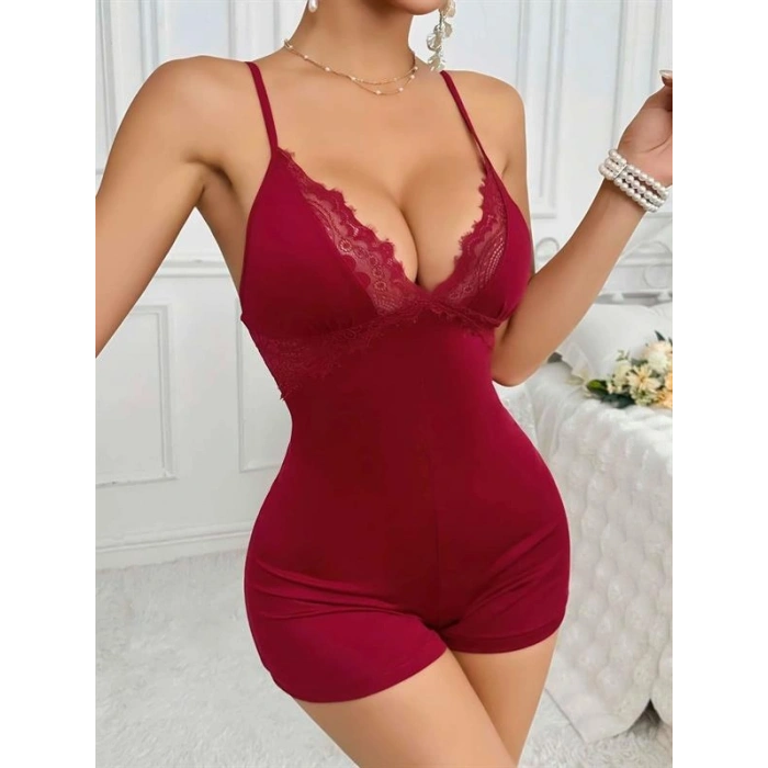 VipMarketim Pamuklu Bordo Dantel İşlemeli Düğmeli Tulum Pijama