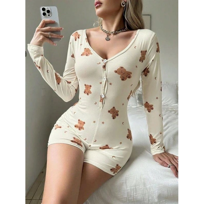 VipMarketim Pamuklu Ekru Ayıcık Desenli Düğmeli Tulum Pijama