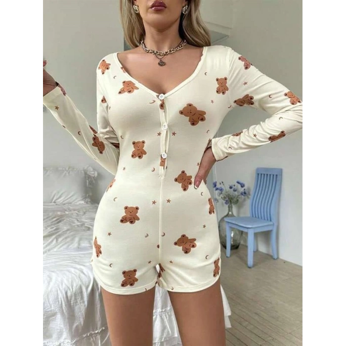 VipMarketim Pamuklu Ekru Ayıcık Desenli Düğmeli Tulum Pijama