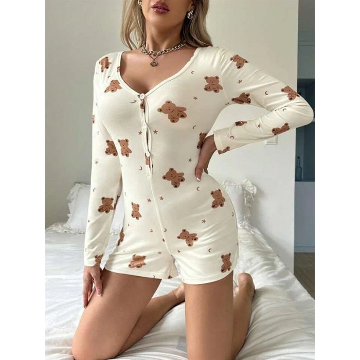 VipMarketim  Pamuklu Ekru Ayıcık Desenli Düğmeli Tulum Pijama