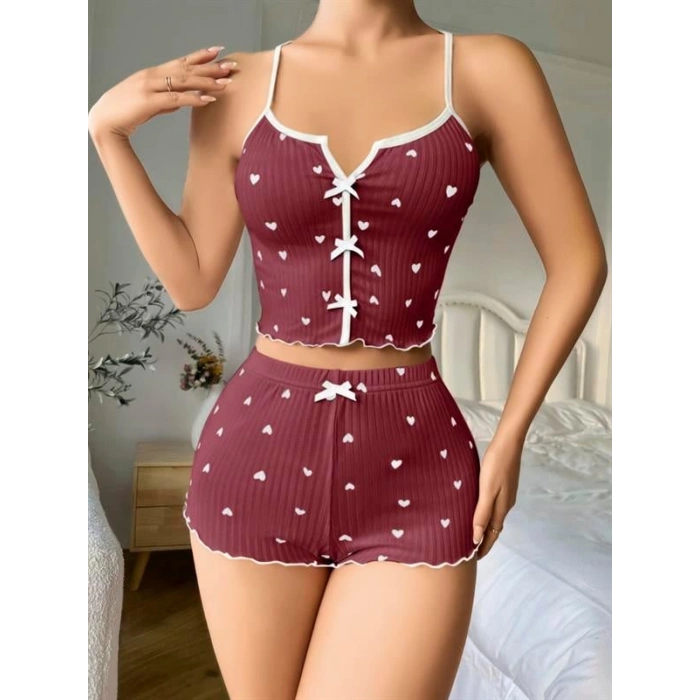 VipMarketim  Pamuklu Kahverengi Üstüne Beyaz Kalp Desen Fitilli Askılı Şortlu Pijama Takımı