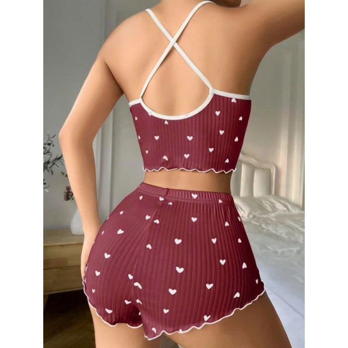 VipMarketim  Pamuklu Kahverengi Üstüne Beyaz Kalp Desen Fitilli Askılı Şortlu Pijama Takımı