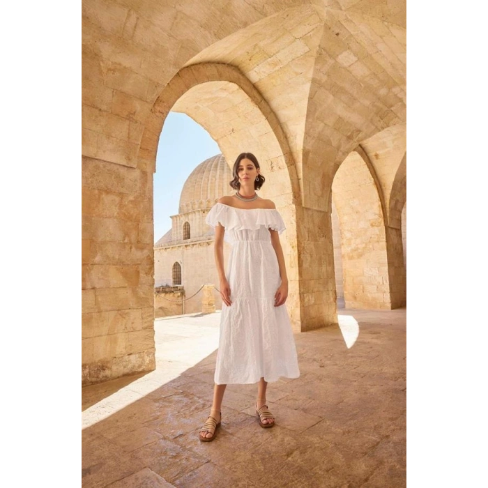 Vipmarketim Pamuklu Kayık Yakalı Elbise