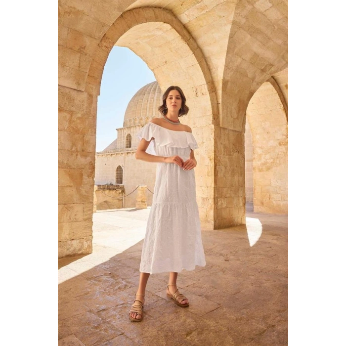 Vipmarketim Pamuklu Kayık Yakalı Elbise