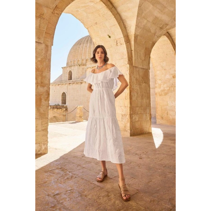 Vipmarketim Pamuklu Kayık Yakalı Elbise