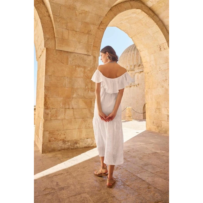 Vipmarketim Pamuklu Kayık Yakalı Elbise