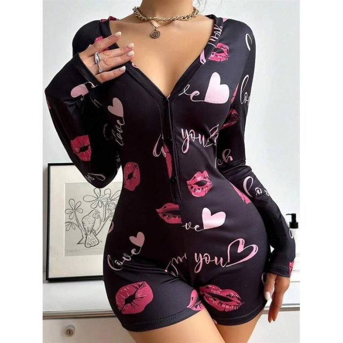 Vipmarketim Pamuklu Kırmızı Öpücük Ve Kalp Desenli Düğmeli Uzun Kol Tulum Pijama