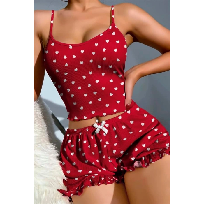 VipMarketim  Pamuklu Kırmızı Üstüne Beyaz Kalp Desen Fitilli Askılı Şortlu Pijama Takımı