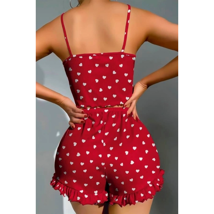 VipMarketim  Pamuklu Kırmızı Üstüne Beyaz Kalp Desen Fitilli Askılı Şortlu Pijama Takımı