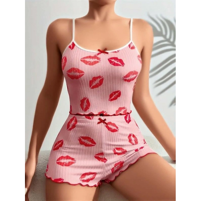 VipMarketim  Pamuklu Kiss Öpücük Desen Pembe Şortlu Pijama Takımı