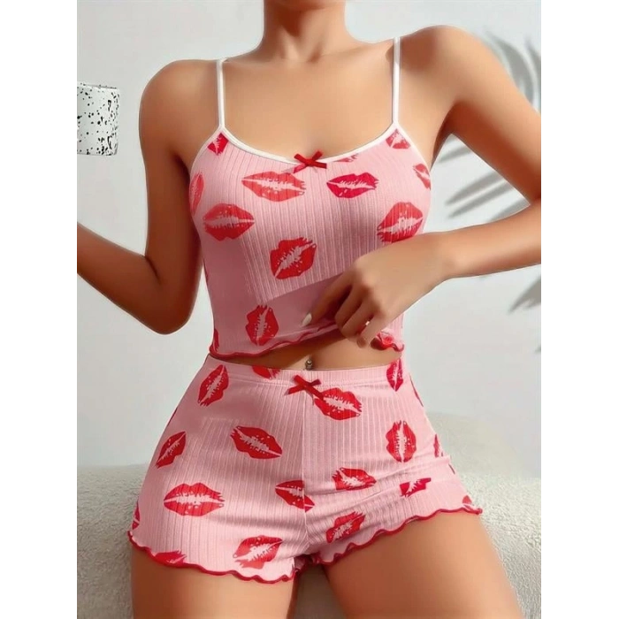 VipMarketim  Pamuklu Kiss Öpücük Desen Pembe Şortlu Pijama Takımı