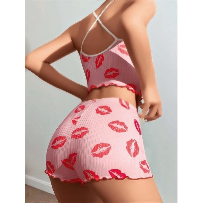 VipMarketim  Pamuklu Kiss Öpücük Desen Pembe Şortlu Pijama Takımı