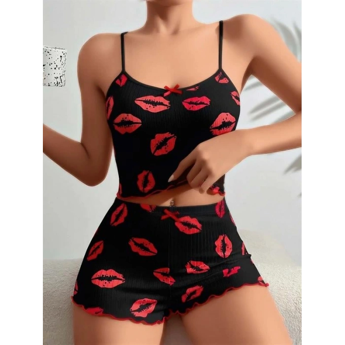 VipMarketim  Pamuklu Kiss Öpücük Desen Siyah Fitilli Şortlu Pijama Takımı
