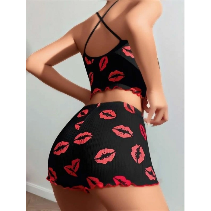 VipMarketim  Pamuklu Kiss Öpücük Desen Siyah Fitilli Şortlu Pijama Takımı