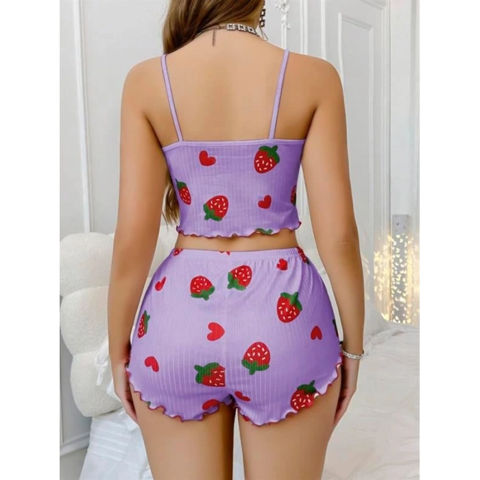 VipMarketim  Pamuklu Lila Üstüne Çilek Desen Fitilli Askılı Şortlu Pijama Takımı