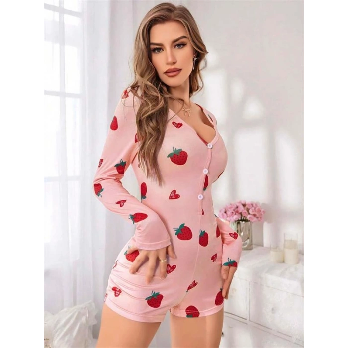 VipMarketim Pamuklu Pembe Çilek Desenli Tulum Pijama