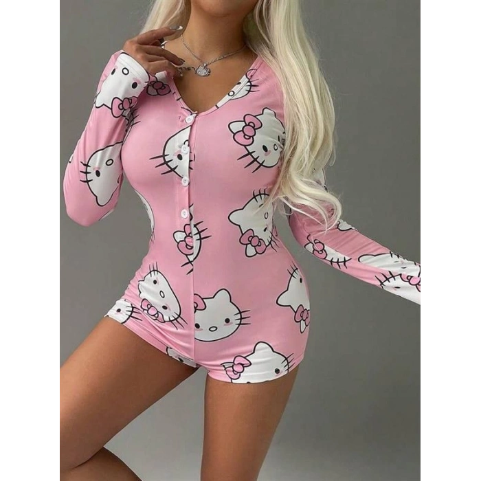 Vipmarketim Pamuklu Pembe Hello Kitty Desenli Düğmeli Uzun Kol Tulum Pijama