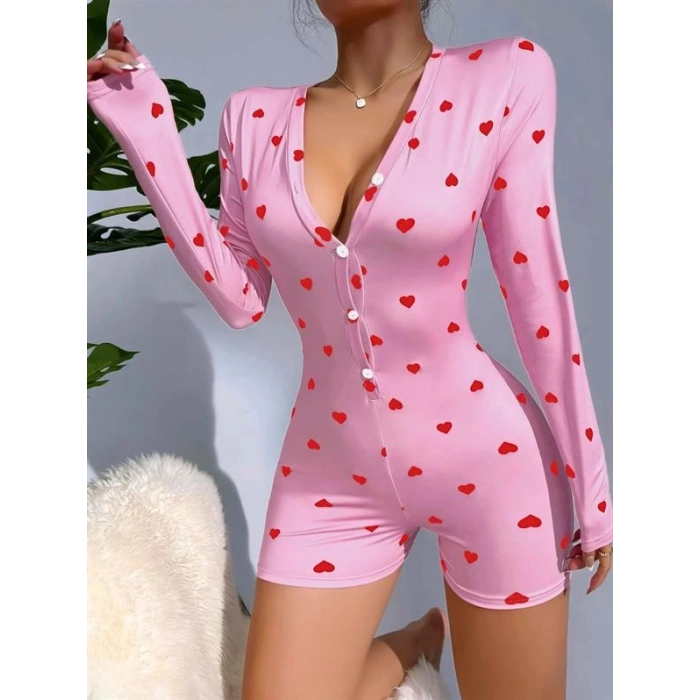 VipMarketim Pamuklu Pembe Kalp Desenli Düğmeli Tulum Pijama