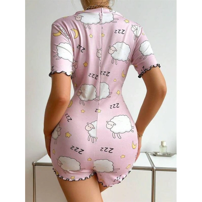 VipMarketim Pamuklu Pembe Kuzu Desenli Düğmeli Uzun Kol Tulum Pijama