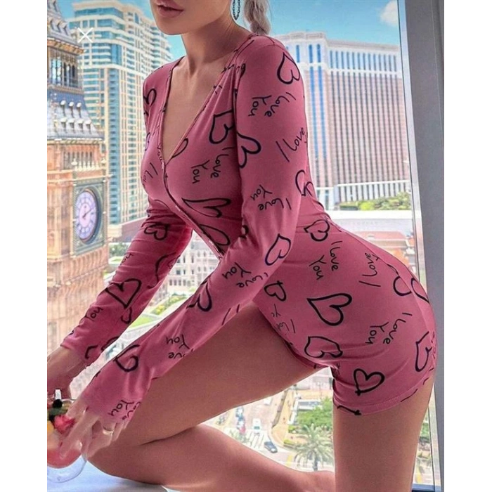 VipMarketim Pamuklu Pembe Siyah Kalp Desenli Düğmeli Uzun Kol Tulum Pijama