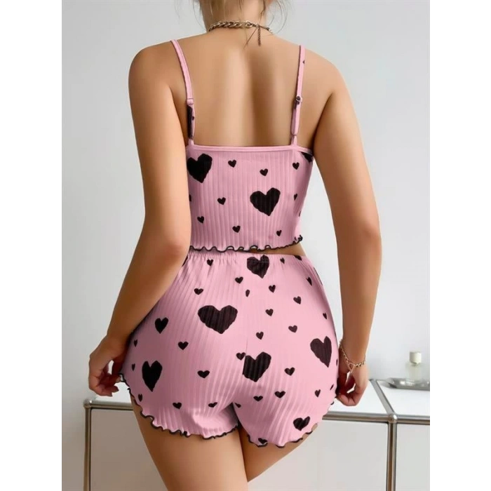 VipMarketim  Pamuklu Pembe Üstüne Siyah Kalp Desenli Askılı Fitilli Şortlu Pijama Takımı