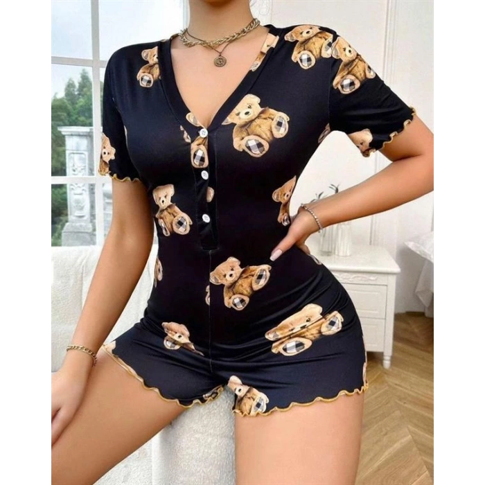 Vipmarketim Pamuklu Siyah Ayıcık Desenli Düğmeli Tulum Pijama