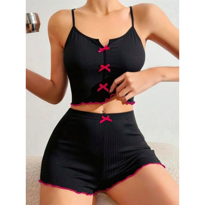 VipMarketim  Pamuklu Siyah Üstüne Pembe Kurdelalı Fitilli Askılı Şortlu Pijama Takımı