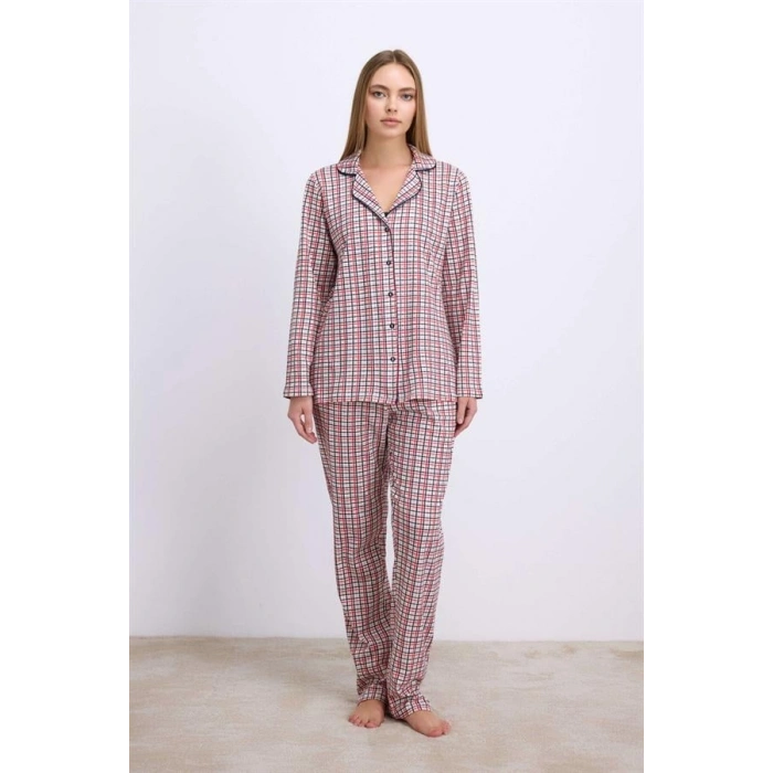 VipMarketim Pamuklu Uzun Kol Düğmeli Gömlek Ve Ekose Pantolon Pijama Takımı