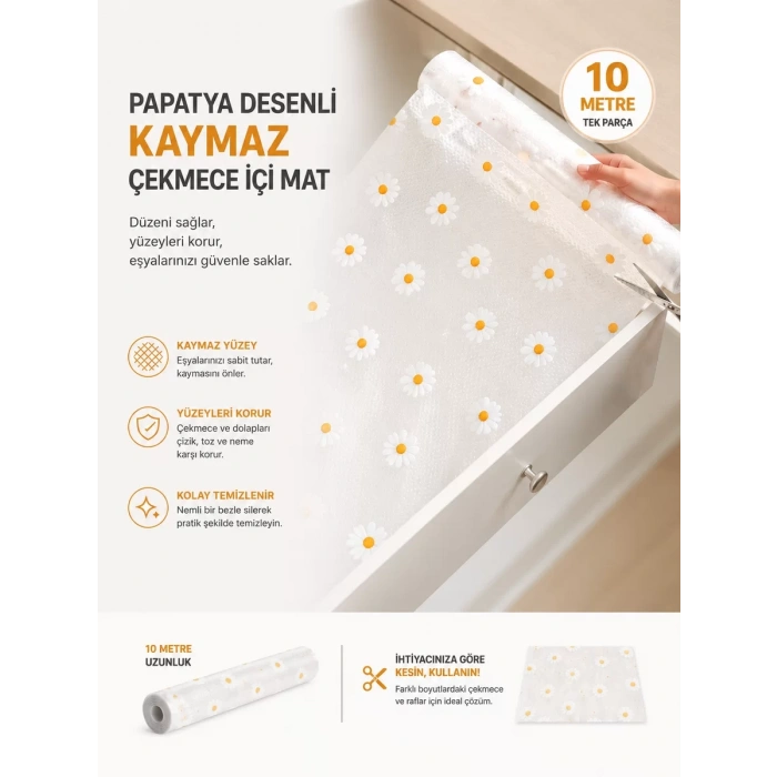 VipMarketim Papatya Desenli Kaymaz Dolap Ve Çekmece İçi Mat 10 Metre