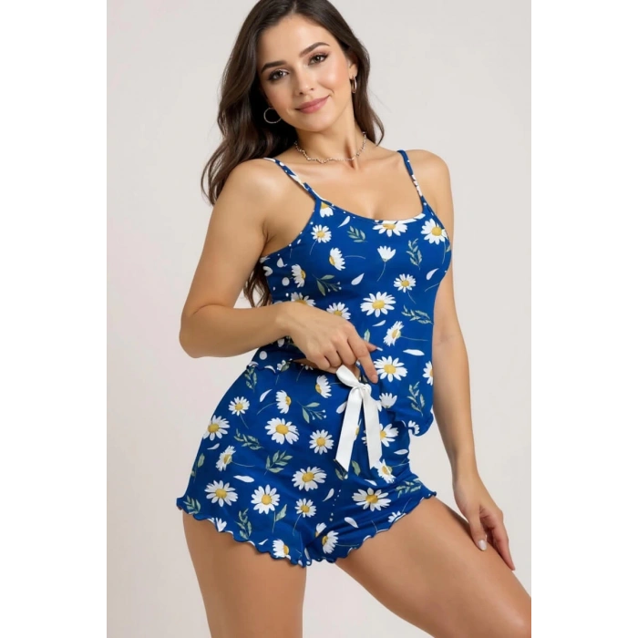 VipMarketim Papatya Desenli Mavi Askılı Şortlu Pijama Takımı