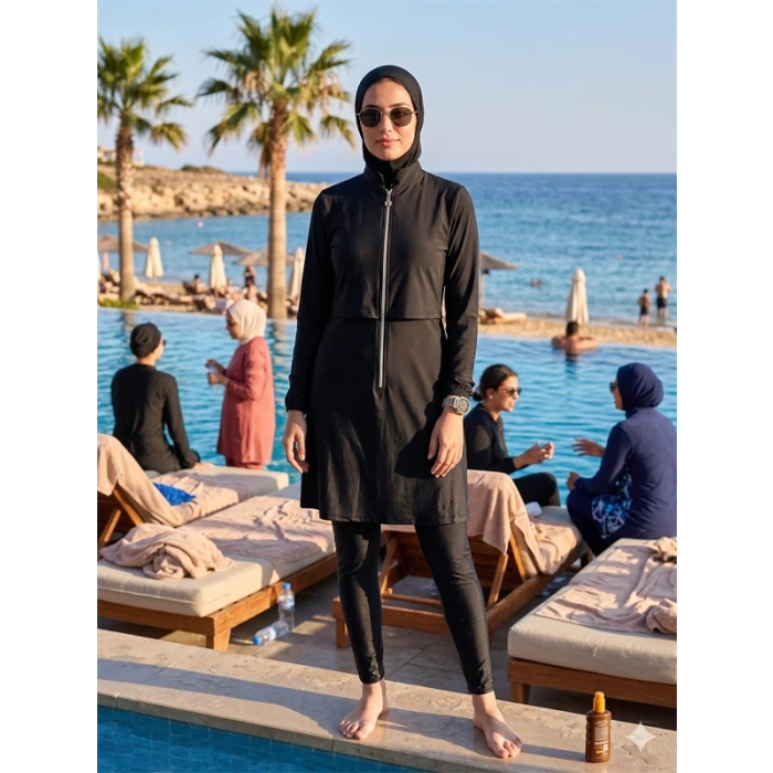 Vipmarketim Paraşüt Basic Siyah Tam Kapalı Fermuarlı Spor Likralı Tesettür Mayo Takımı