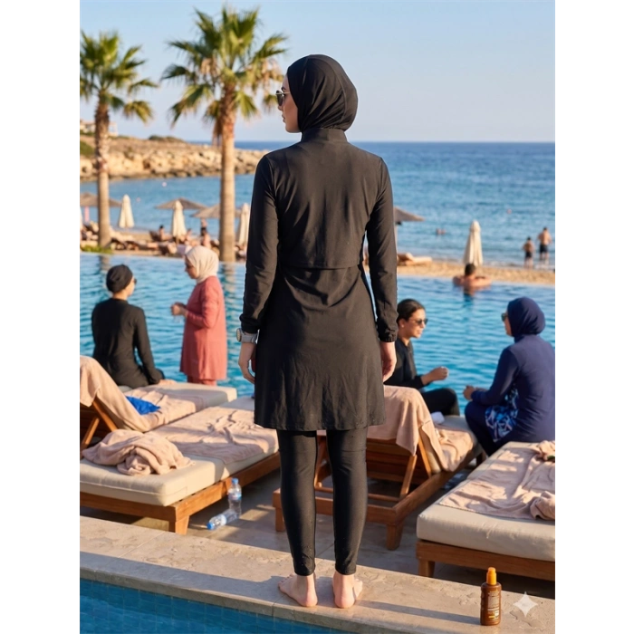 VipMarketim Paraşüt Basic Siyah Tam Kapalı Fermuarlı Spor Likralı Tesettür Mayo Takımı