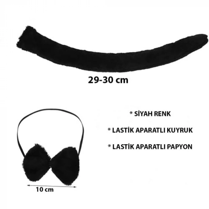 VipMarketim Peluş Siyah Renk Kuyruk ve Papyon Yetişkin Çocuk Uyumlu