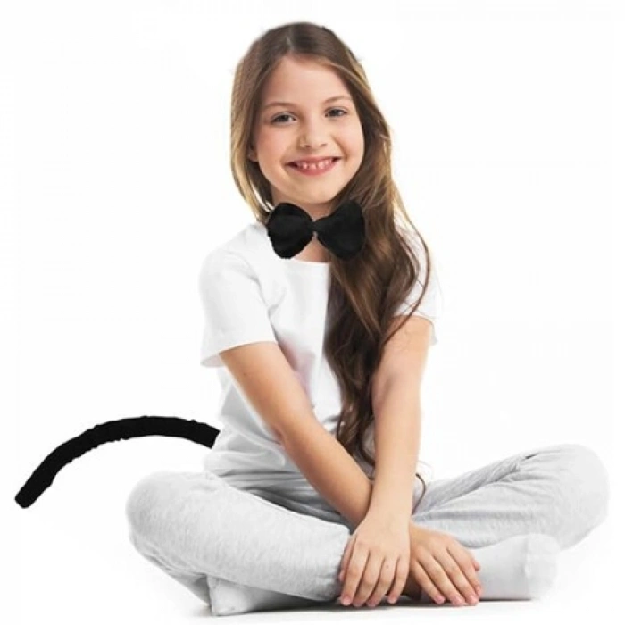 VipMarketim Peluş Siyah Renk Kuyruk ve Papyon Yetişkin Çocuk Uyumlu