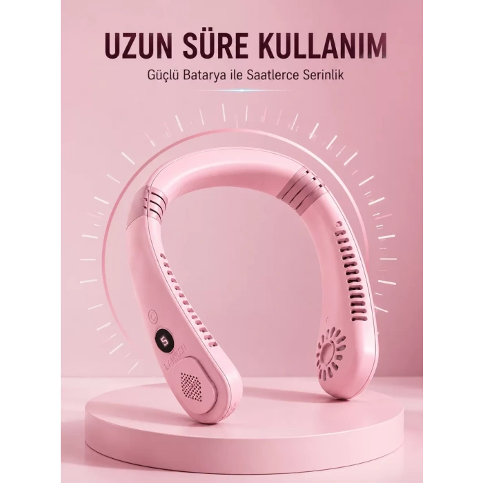 VipMarketim Pembe Boyun Fanı Sessiz Çalışan USB Şarjlı Taşınabilir Kişisel Serinletici