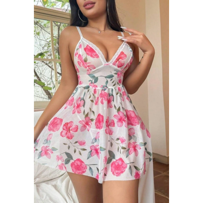 VipMarketim Pembe Çiçek Desenli Dantel Detaylı Gecelik 15706