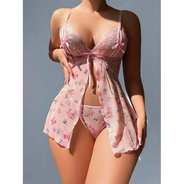 VipMarketim Pembe Dantel İşlemeli Çiçek Desenli Fantezi Gecelik