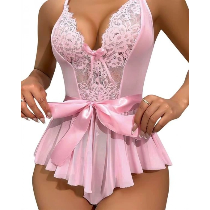 VipMarketim  Pembe Dantel İşlemeli Kurdelalı Fantezi Tül Babydoll
