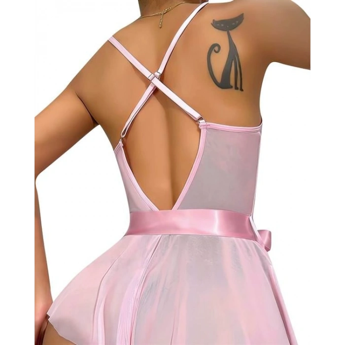 VipMarketim  Pembe Dantel İşlemeli Kurdelalı Fantezi Tül Babydoll