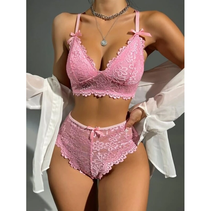 VipMarketim  Pembe Dantelli Fantezi Bralet Sütyen Takımı
