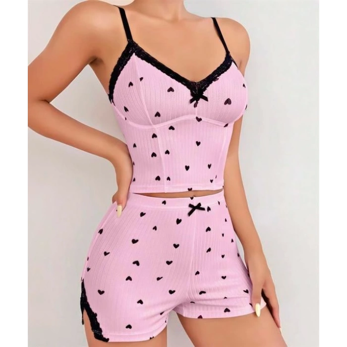 VipMarketim Pembe Kalp Desenli Askılı Şortlu Pijama Takım