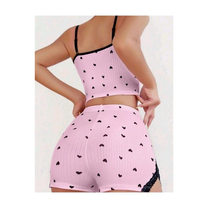 VipMarketim  Pembe Kalp Desenli Askılı Şortlu Pijama Takım