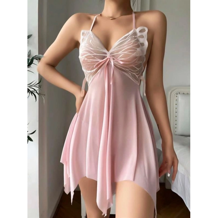 VipMarketim  Pembe Kelebek İşlemeli Tül Fantezi Gecelik