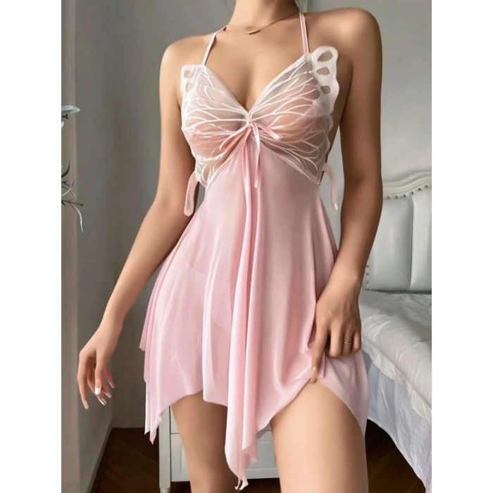 VipMarketim Pembe Kelebek İşlemeli Tül Fantezi Gecelik
