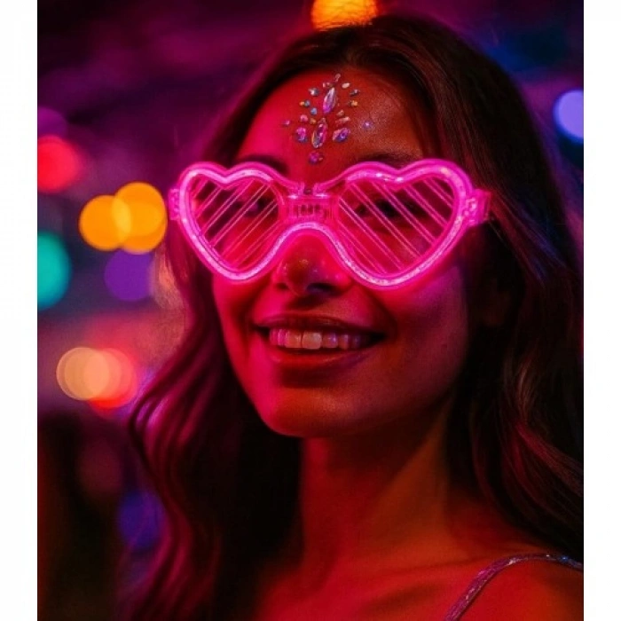 VipMarketim Pembe LED Işıklı Kalp Gözlük – 3 Modlu Parti & Glow Gözlüğü