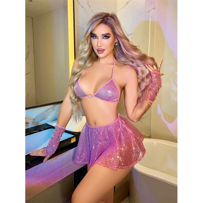 Vipmarketim Pembe Parlak Işıltılı Fantezi Etekli Sütyen Takımı