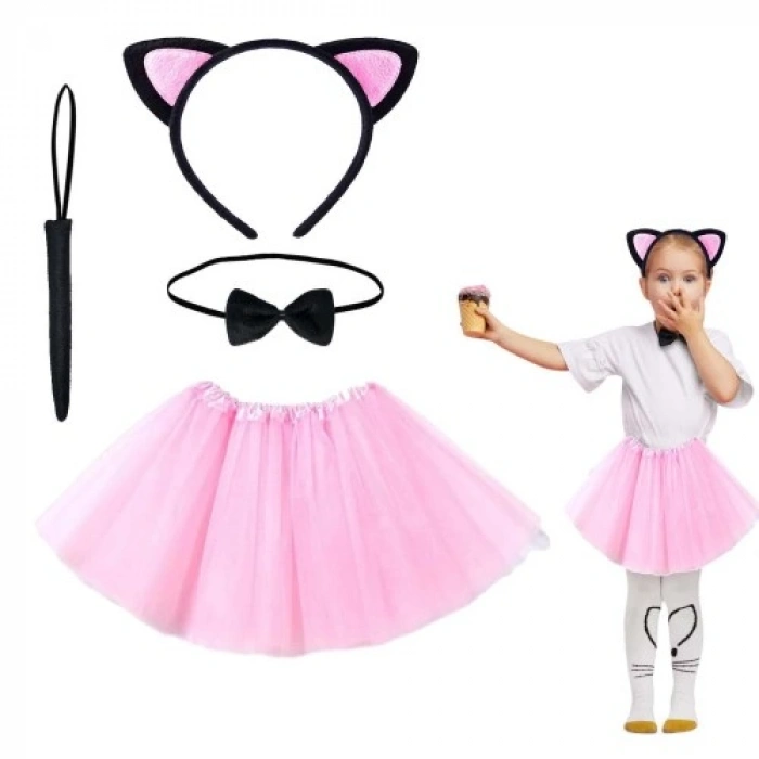 VipMarketim Pembe Renk Etekli Kedi Kostüm Seti (Tütü, Taç, Papyon, Kuyruk)
