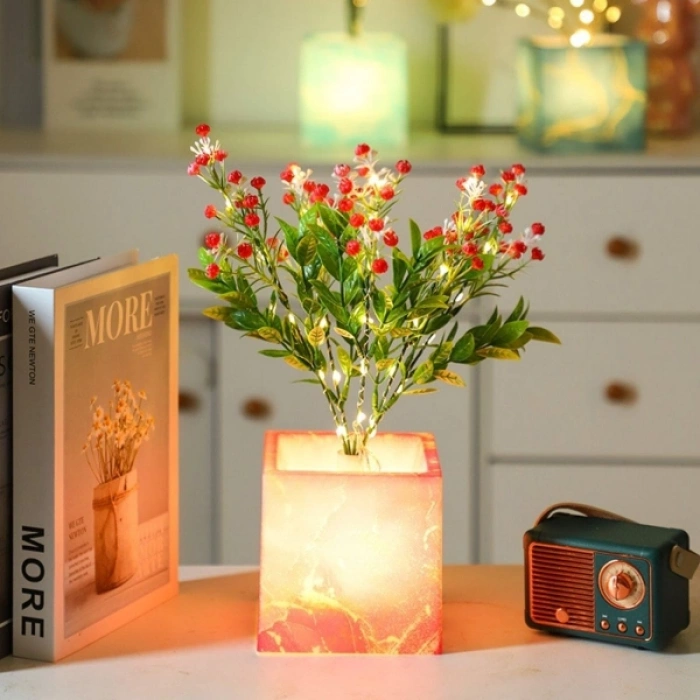 VipMarketim Pembe Saksılı LED Yapay Çiçek