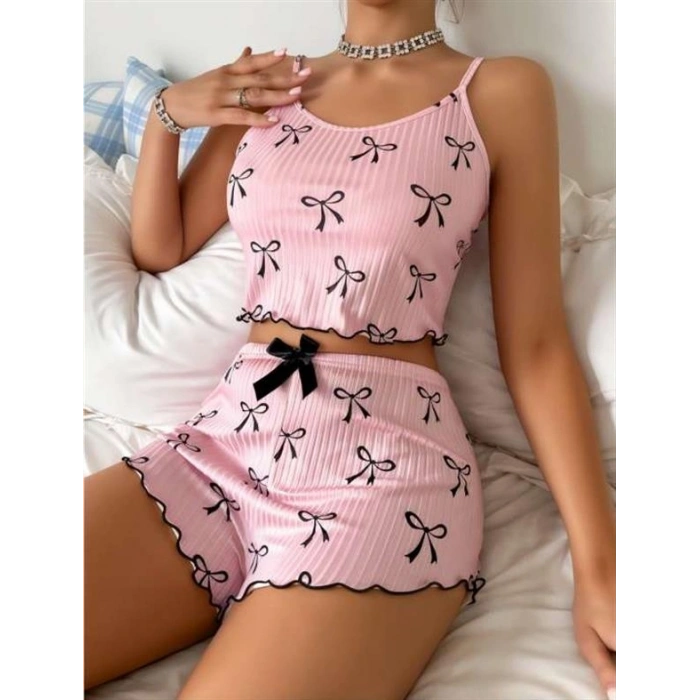 VipMarketim  Pembe Üstüne Siyah Kurdela Desenli Askılı Şortlu Pijama Takımı