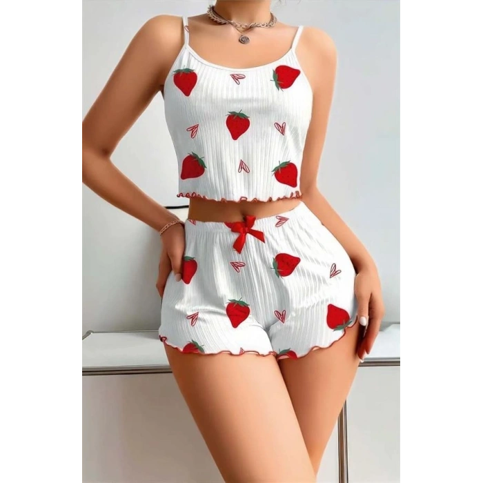 VipMarketim Penye Kumaş Çilek Desen Beyaz Şortlu Takım